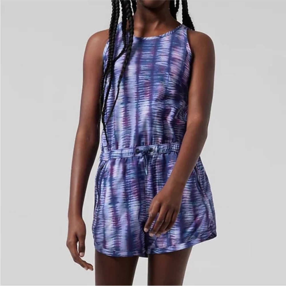 Athleta Girl On The Go Romper Shoreline Shibori Enchanted Blue Purple Sz L (12)